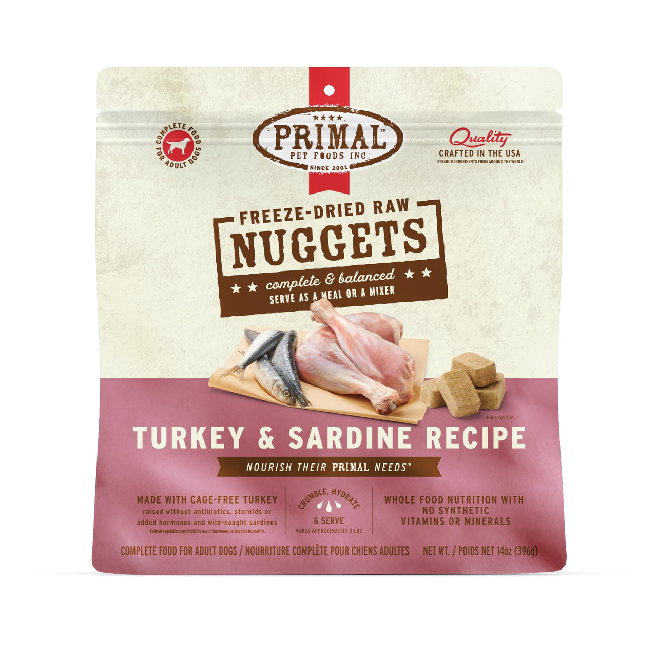Primal Freeze Dried Raw Dog Food Nuggets, Turkey & Sardine Complete & Balanced Meal, Also Use as Topper or Treat, Premium, Healthy, Grain Free, High Protein Raw Dog Food