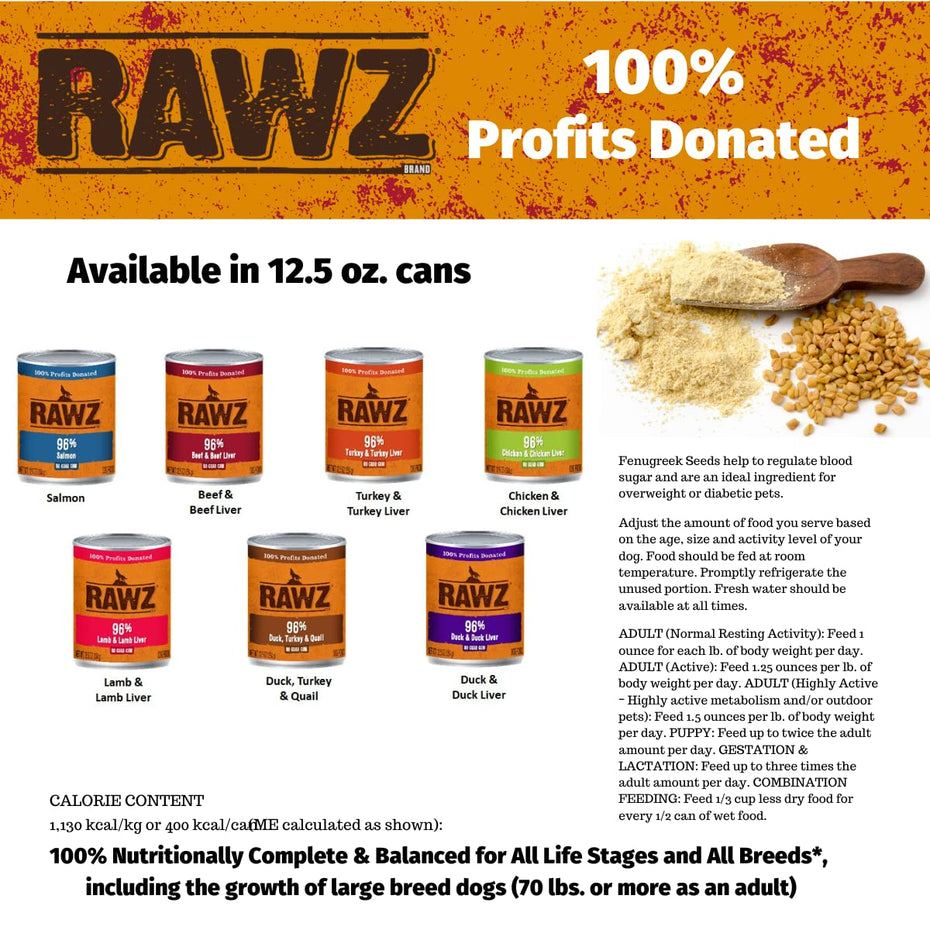 Rawz 96% Meat Canned Wet Food for Dogs 12 Pack/ 12.5 oz. Cans (Beef/Beef Liver)