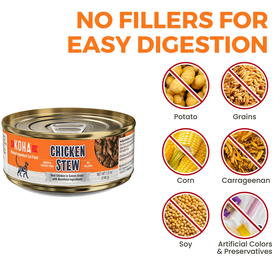 KOHA Minimal Ingredient Chicken Stew for Cats, High Protein Limited Ingredient Wet Cat Food, 5.5oz Cans (Case of 24)