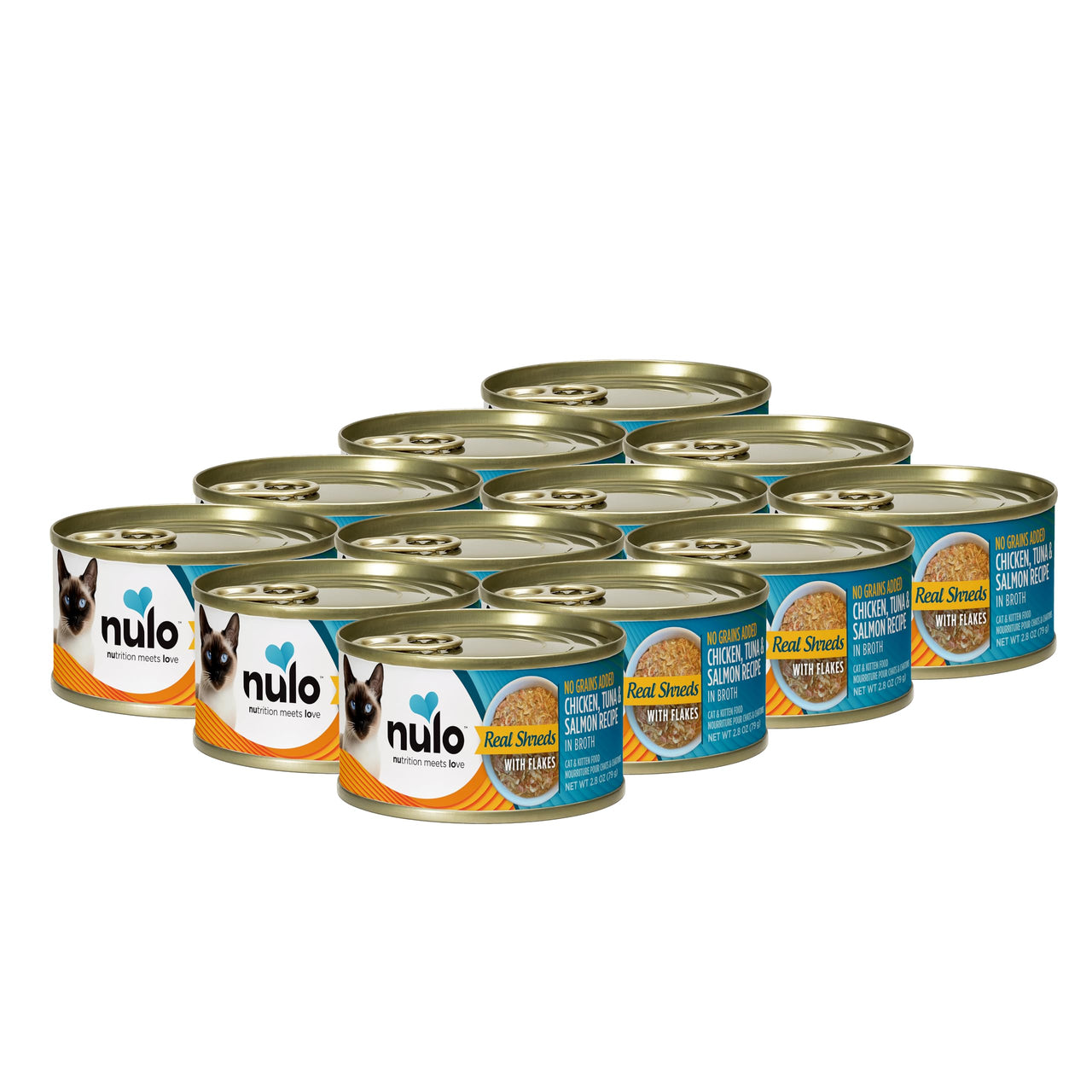 Nulo Grain-Free Real Shreds with Flakes Wet Canned Cat & Kitten Food, Chicken, Tuna, and Salmon in Broth