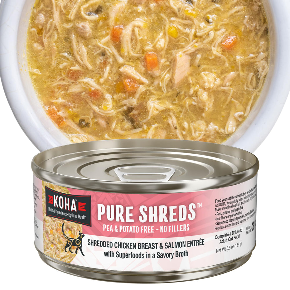 KOHA Pure Shreds Chicken and Salmon Entrée for Cats, High Protein Wet Cat Food, 5.5oz Cans (Pack of 12)