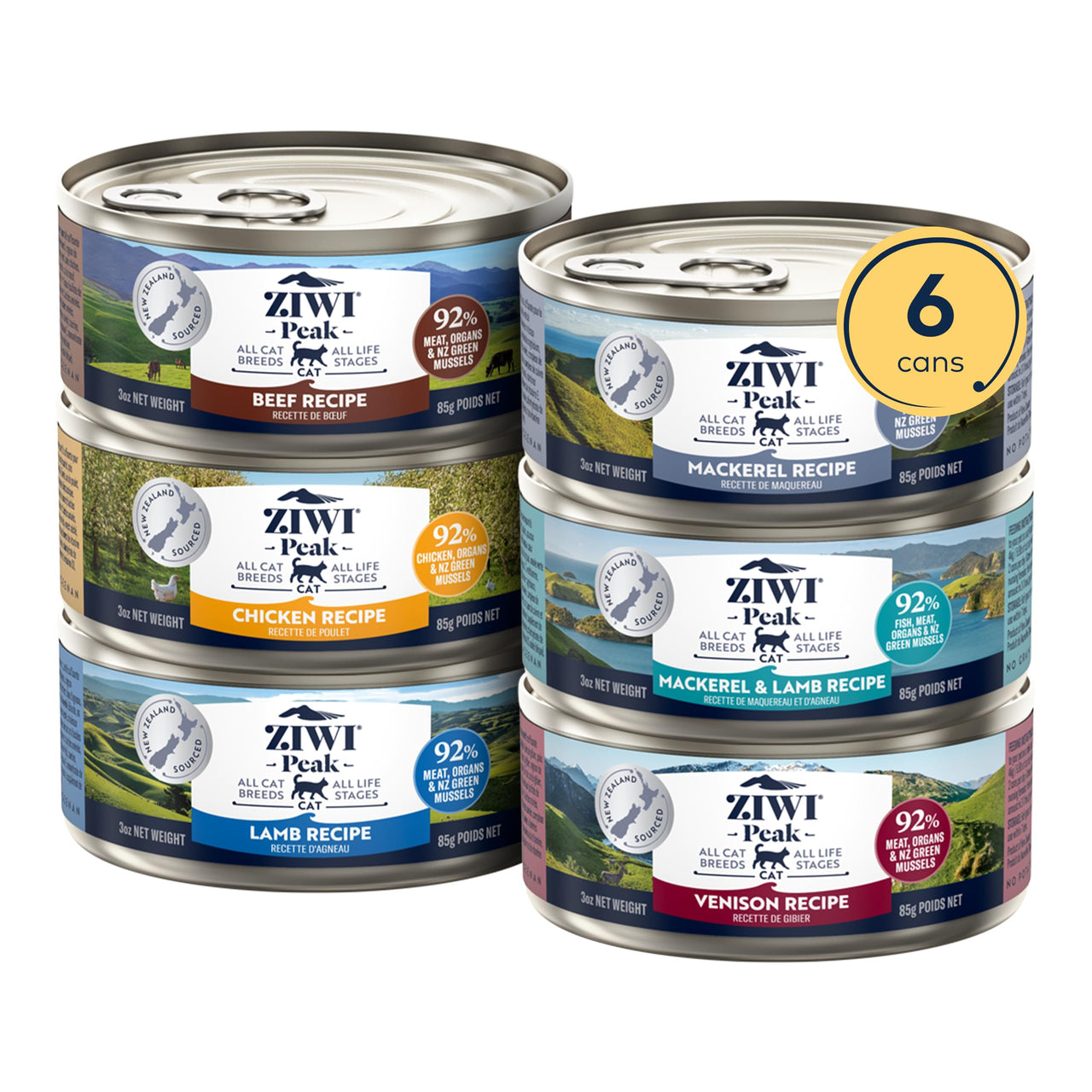 ZIWI Peak Wet Cat Food Variety Pack - Beef, Chicken, Lamb, Mackerel & Lamb, Mackerel, Venison, 6 Pack