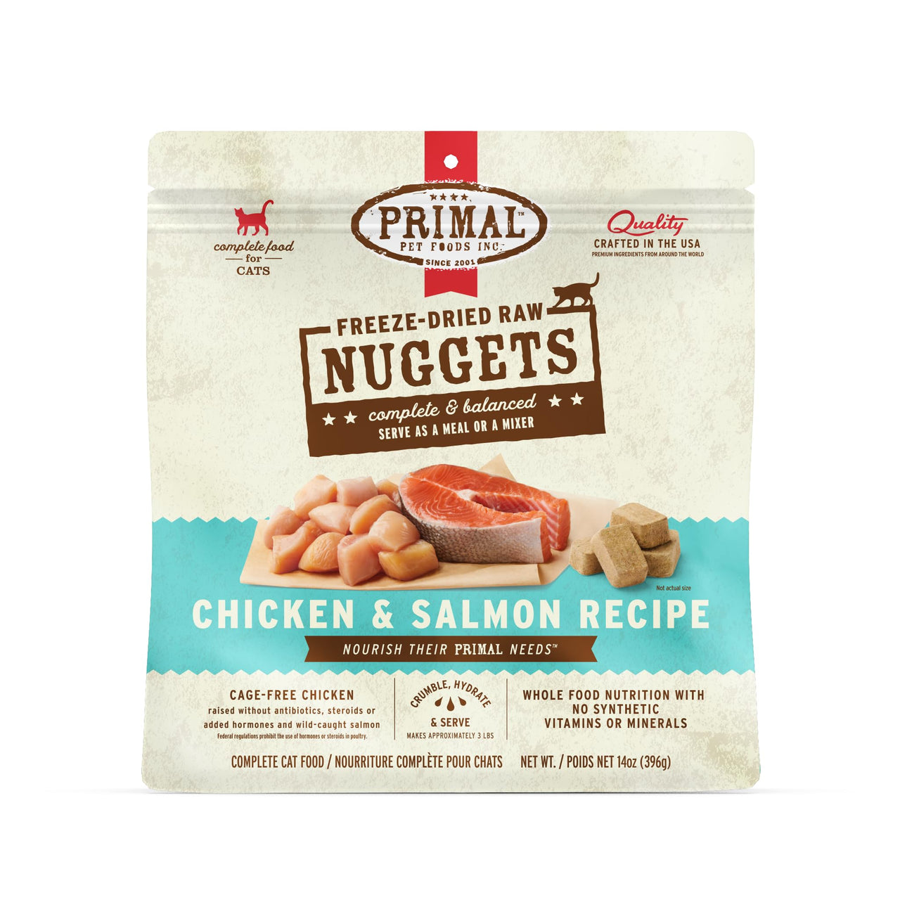 Primal Freeze Dried Raw Cat Food Nuggets Chicken & Salmon, Complete & Balanced Meal or Topper, Premium, Healthy, Grain Free, High Protein Raw Cat Food with Probiotics