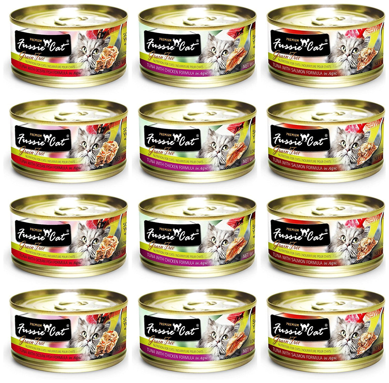 Fussie Cat Premium Grain Free Canned Cat Food 3 Flavor Variety: (4) Tuna with Chicken, (4) Tuna with Salmon and (4) Ocean Fish, 2.82 Oz Each (12 Cans Total)