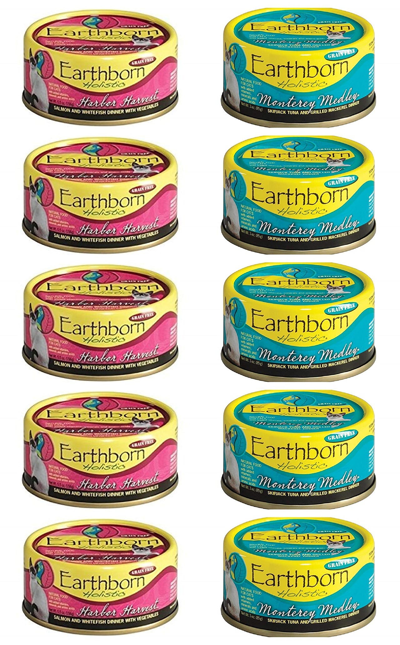 Earthborn Holistic Grain Free Cat Food in 2 Flavors: (5) Harbor Harvest and (5) Monterey Medley (10 Cans Total, 3 Ounces Each)