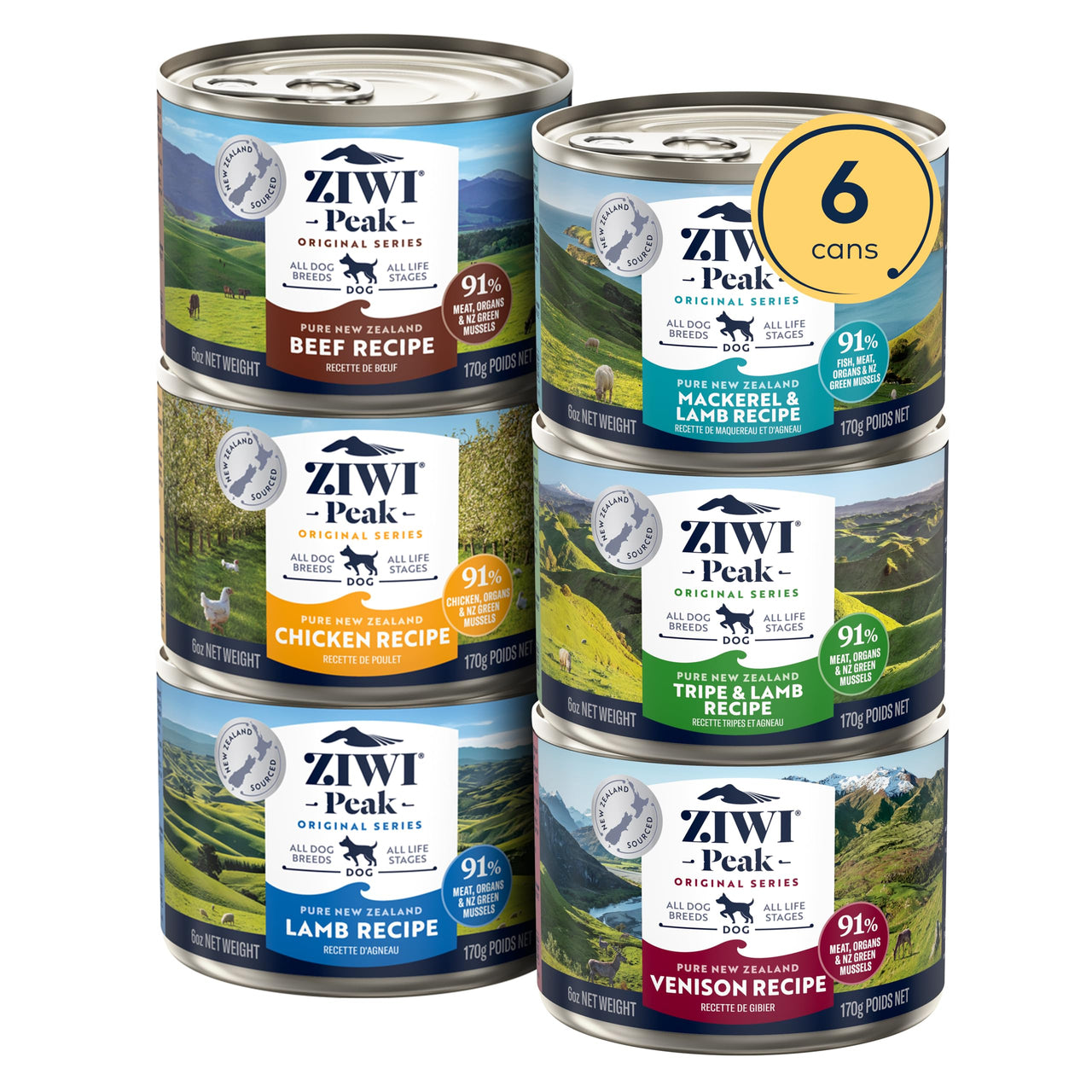 ZIWI Peak Wet Dog Food Variety Pack - Beef, Chicken, Lamb, Mackerel, Tripe, Venison, 6 Pack
